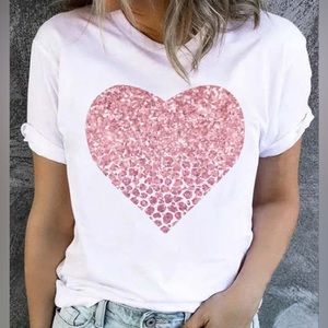 Pink Heart-shape Graphic Round Neck Shift T-Shirt